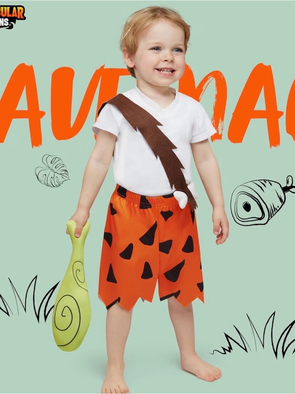Kids Orange Caveman Costume with White Tee and Brown Sash Flintstones Bam Bam